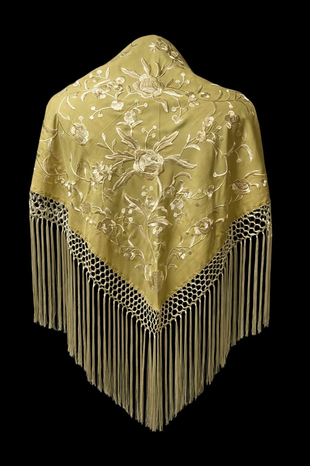 Mantón Bordado Verde Oliva Dorado con Hilo Marfil