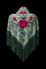 Mantón Verde Salvia Bordado Multicolor Floral