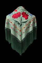 Mantón Verde Agua Bordado Floral Rojo – Fleco Verde