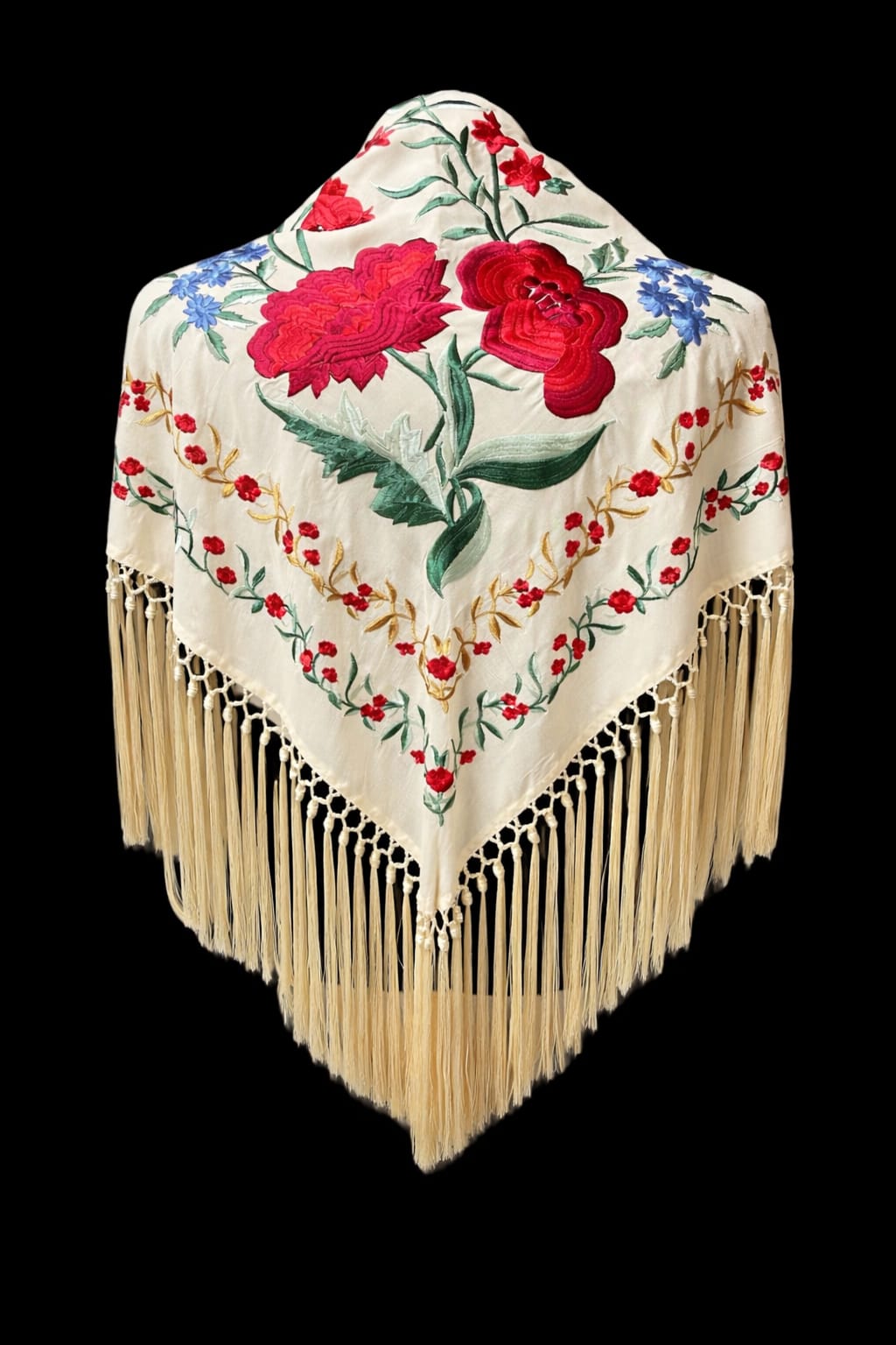 Mantón Marfil Bordado Floral Rojo – Fleco Beige