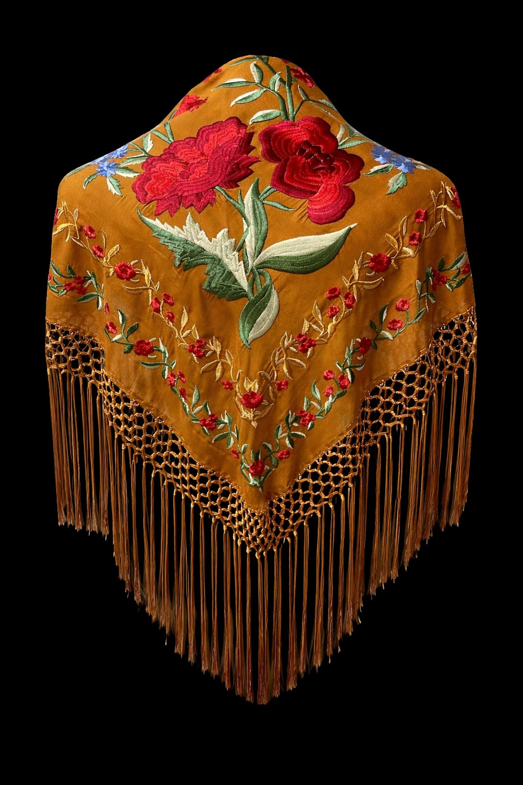 Mantón Mostaza Bordado Floral Rojo – Fleco Mostaza