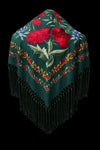 Mantón Verde Botella Bordado Floral Rojo – Fleco Verde
