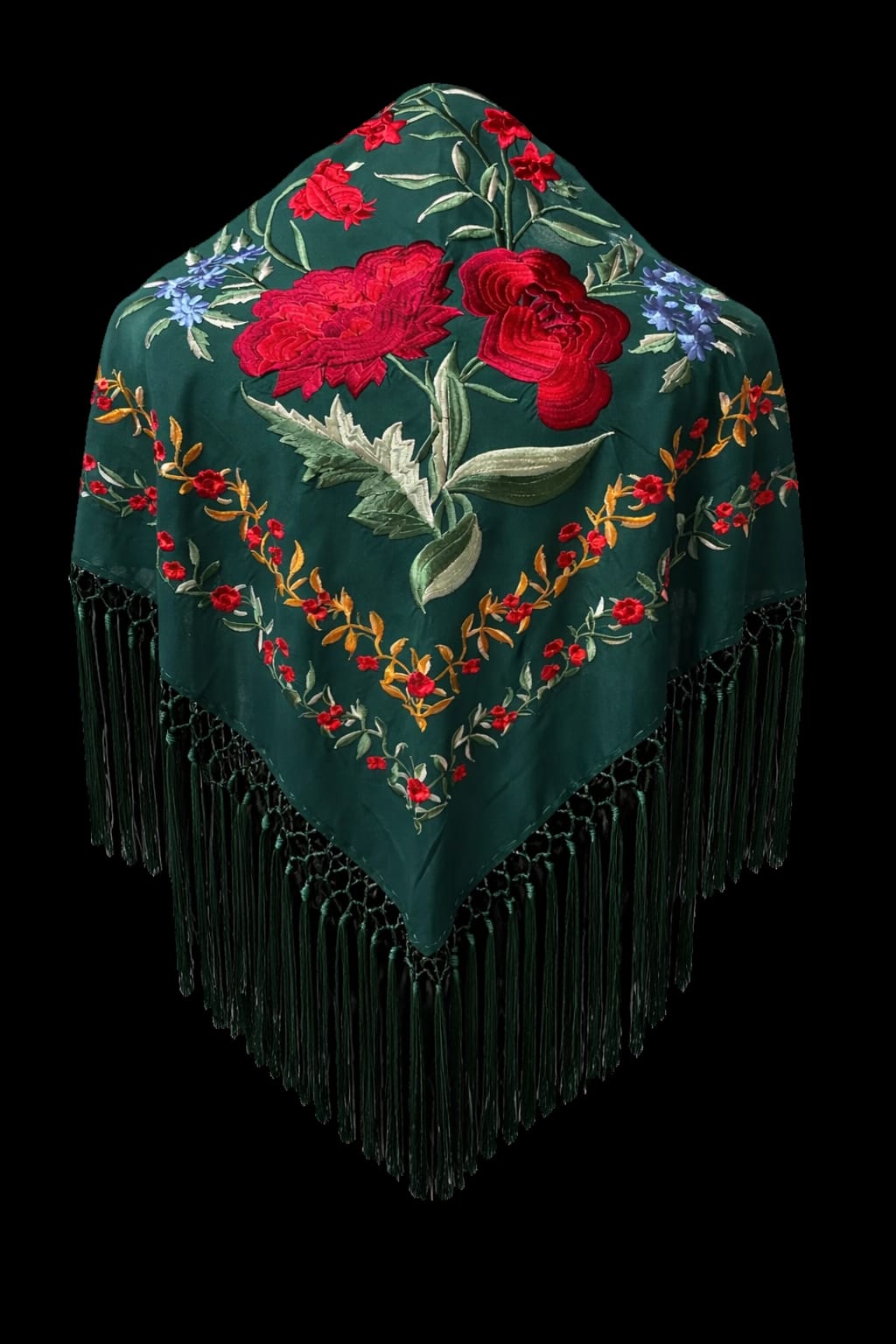 Mantón Verde Botella Bordado Floral Rojo – Fleco Verde