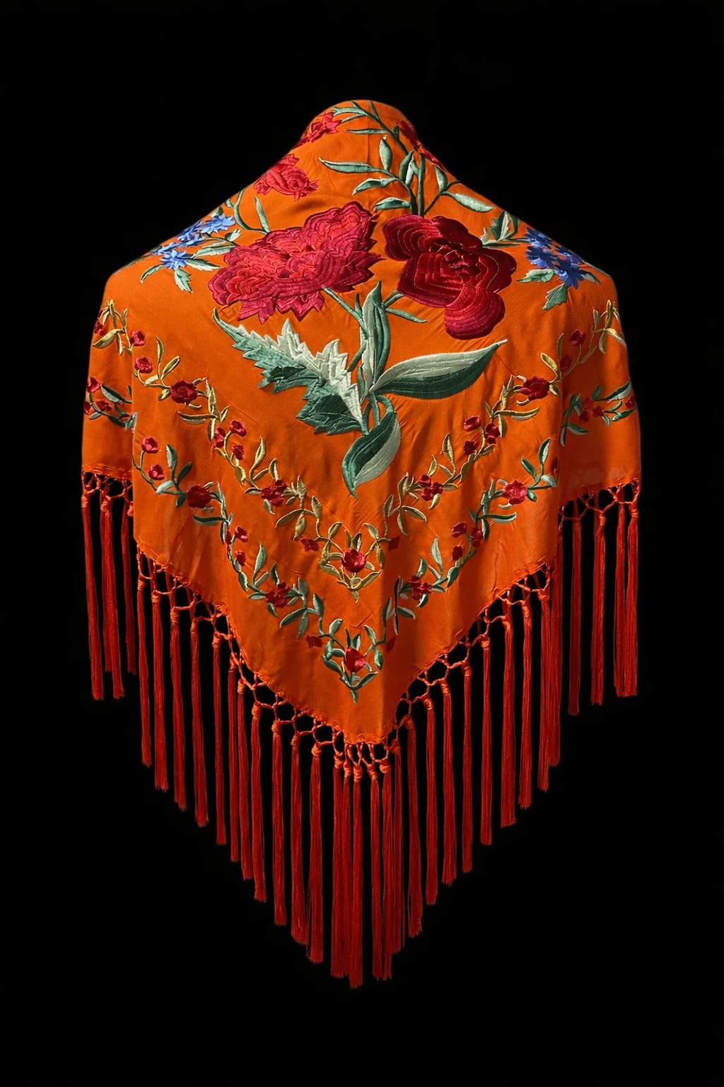Mantón Naranja Bordado Floral Rojo – Fleco Rojo