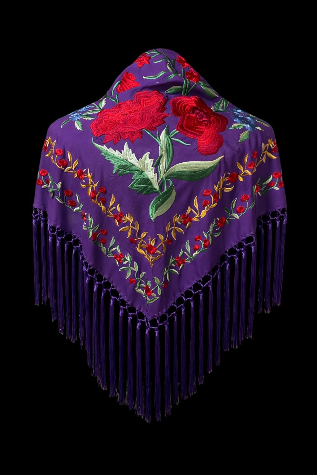 Mantón Morado Bordado Floral Rojo – Fleco Morado