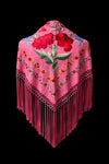 Mantón Rosa Bordado Floral Rojo – Fleco Rosa