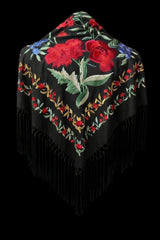 Mantón Negro Bordado Floral Rojo – Fleco Negro