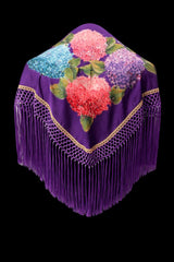 Mantón Morado con Hortensias Multicolor y Fleco al Tono