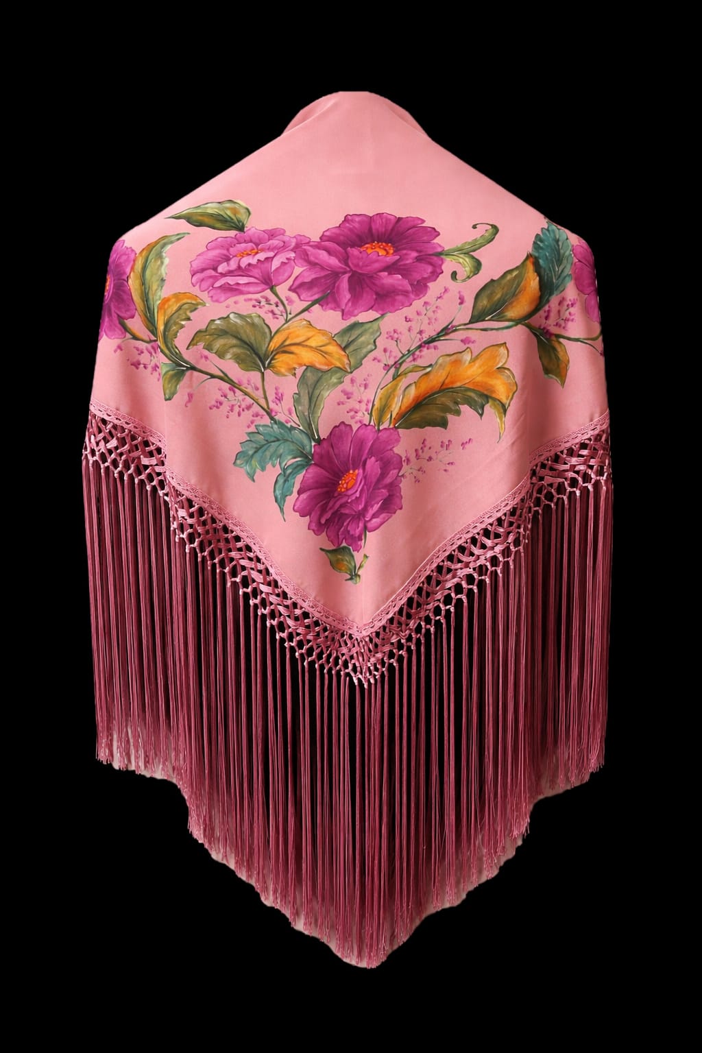 Mantón Rosa Empolvado con Flores Malva y Fleco al Tono