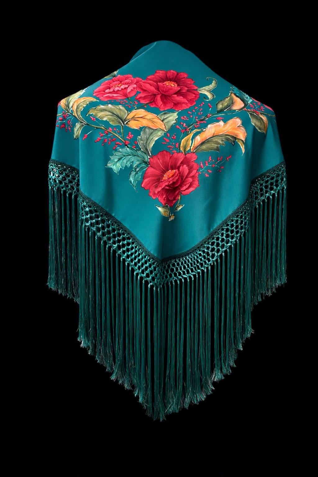 Mantón Verde Esmeralda con Flores Rojas y Fleco al Tono