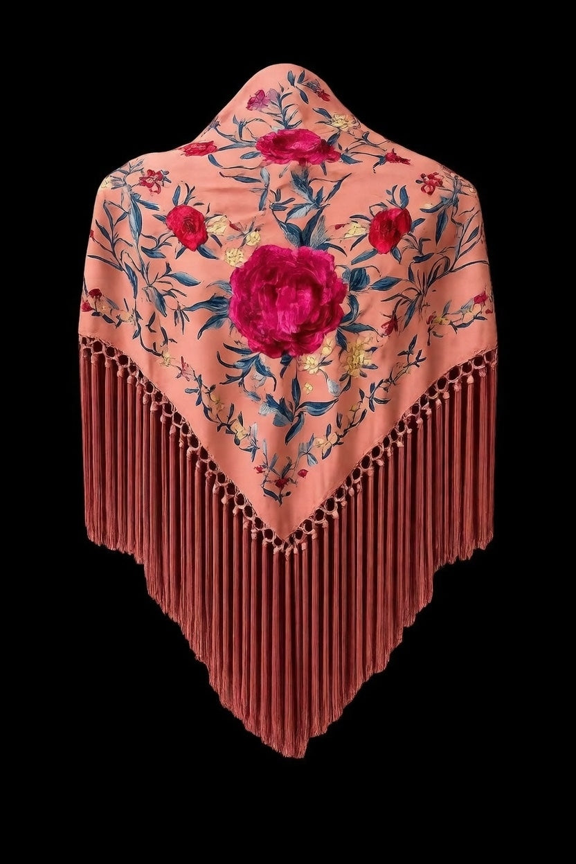 Mantón Coral Empolvado Bordado Multicolor Floral