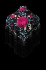 Mantón Negro Bordado Floral Fucsia y Azul