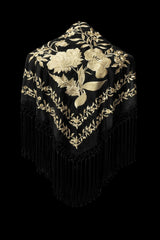 Mantón Negro Bordado en Marfil – Fleco Negro