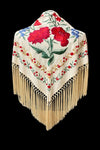 Mantón Marfil Bordado Floral Rojo – Fleco Beige