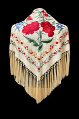 Mantón Marfil Bordado Floral Rojo – Fleco Beige
