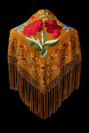 Mantón Mostaza Bordado Floral Rojo – Fleco Mostaza