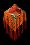 Mantón Naranja Bordado Floral Rojo – Fleco Rojo