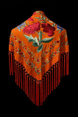 Mantón Naranja Bordado Floral Rojo – Fleco Rojo