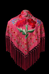 Mantón Fucsia Bordado Floral Rojo – Fleco Fucsia