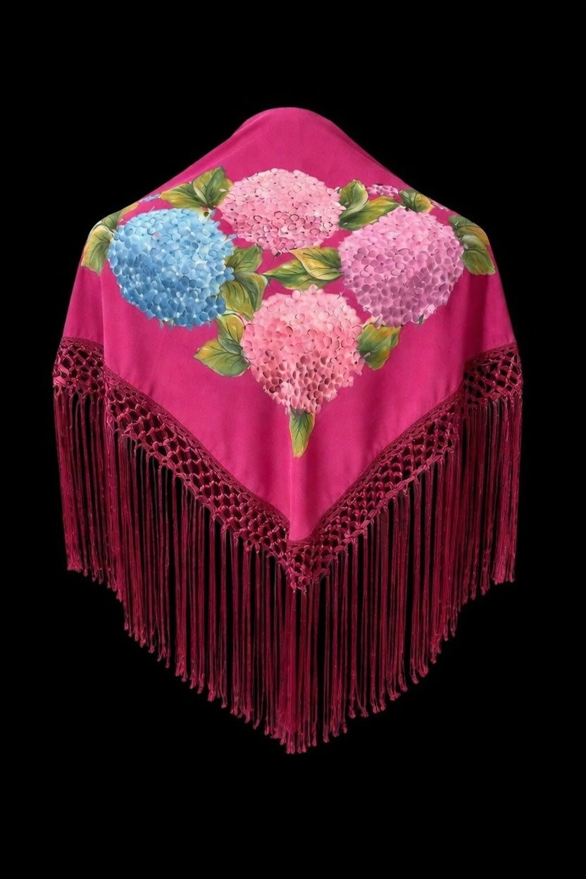 Mantón Fucsia con Hortensias Multicolor y Fleco Burdeos