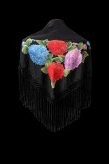 Mantón Negro con Bordado Floral Multicolor – Fleco Negro