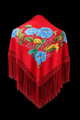 Mantón Rojo Pasión con Flores Azules y Fleco al Tono